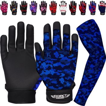 Exxact Sports Youth Batting Gloves with Arm Sleeve - Baseball Batting Gloves Youth Boys, Softball Batting Gloves for Women-Blue Camo-Small-Medium