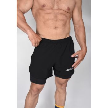 Exxact Sports 2 in 1 Shorts Men - Running Shorts with Phone Pocket Men, Dry Fit Shorts for Man, Workout Shorts Men-Black-Medium